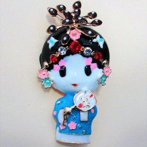 Brilliant GEISHA Girl Asian DOLL Rhinestone Brooch